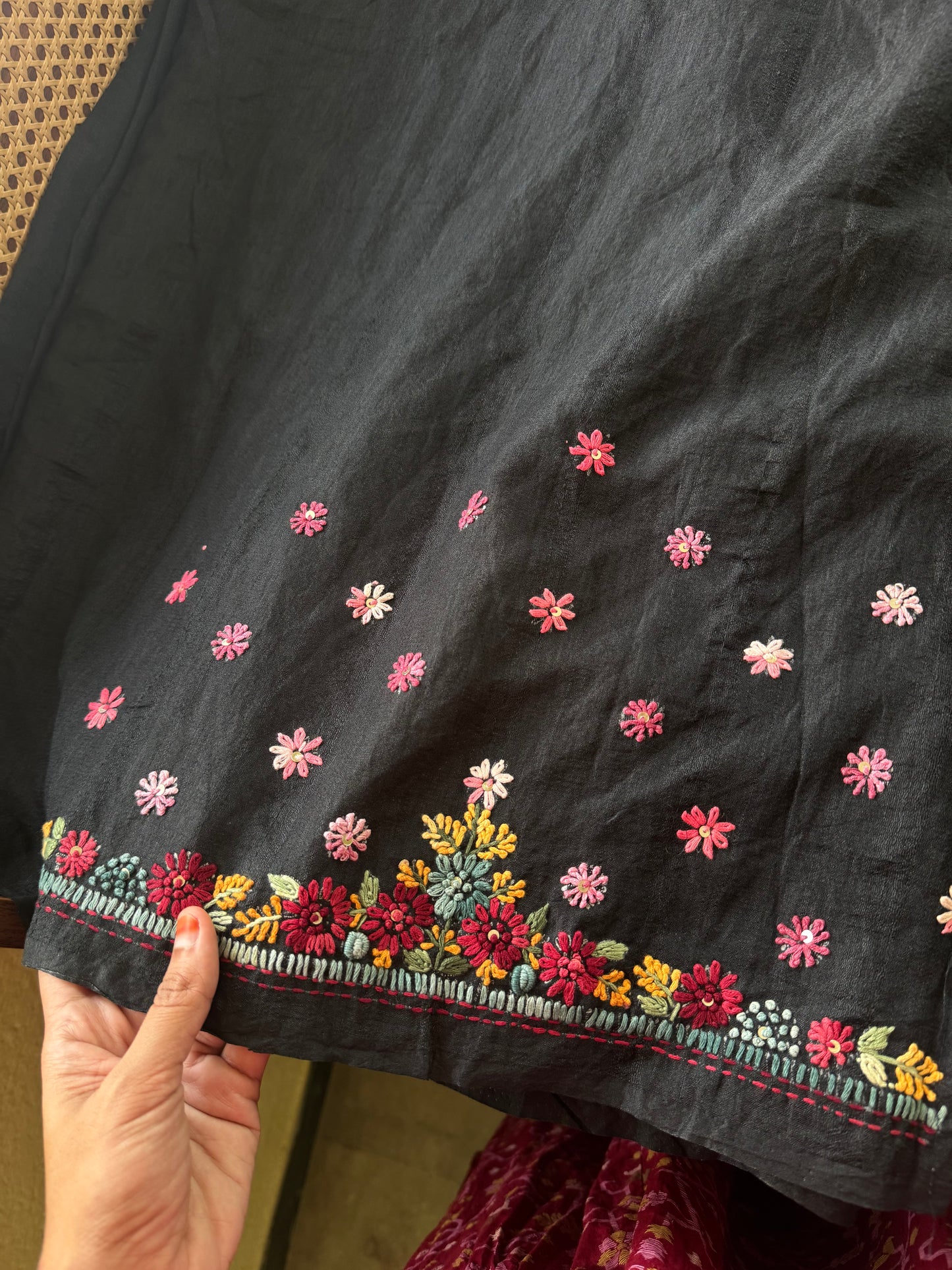 Hand Embroidered Tussar Blend Saree with heavy blouse - Black