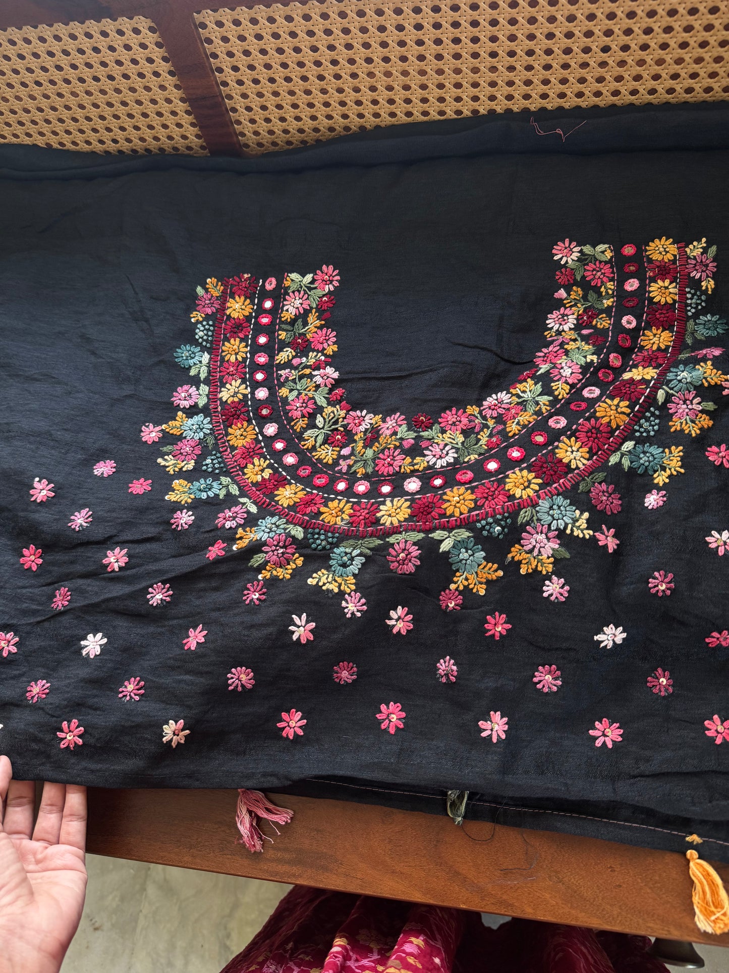 Hand Embroidered Tussar Blend Saree with heavy blouse - Black
