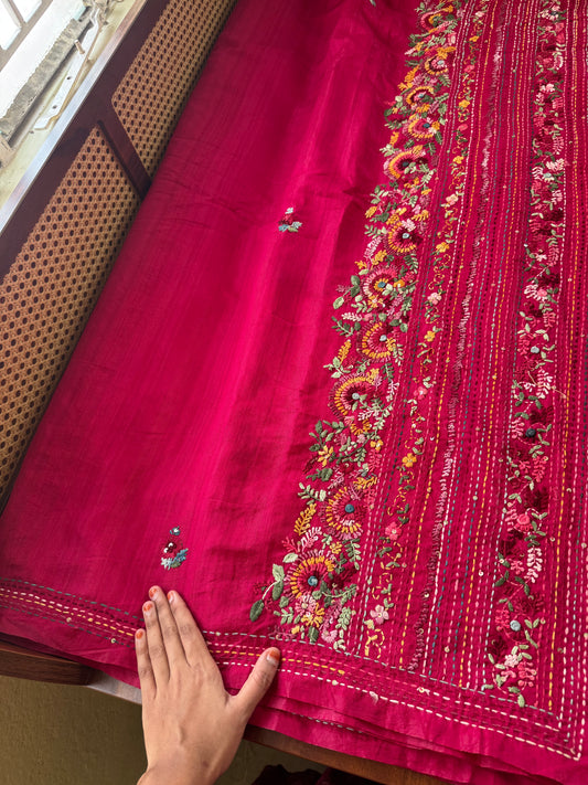 Hand Embroidered Tussar Blend Saree with heavy blouse - Rani Pink