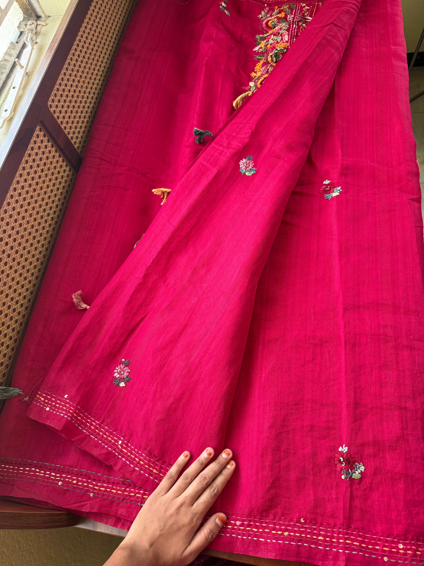 Hand Embroidered Tussar Blend Saree with heavy blouse - Rani Pink