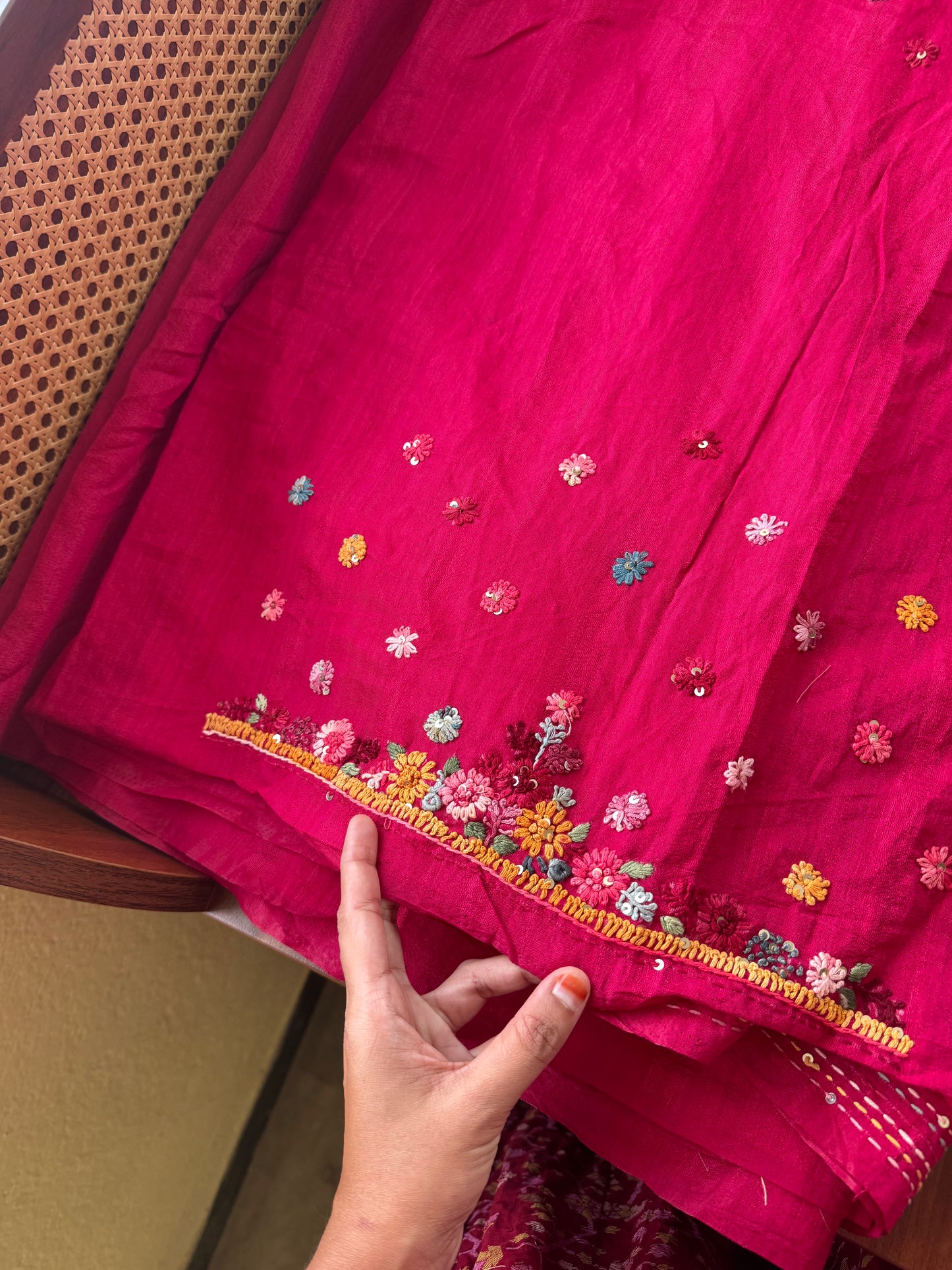 Hand Embroidered Tussar Blend Saree with heavy blouse - Rani Pink