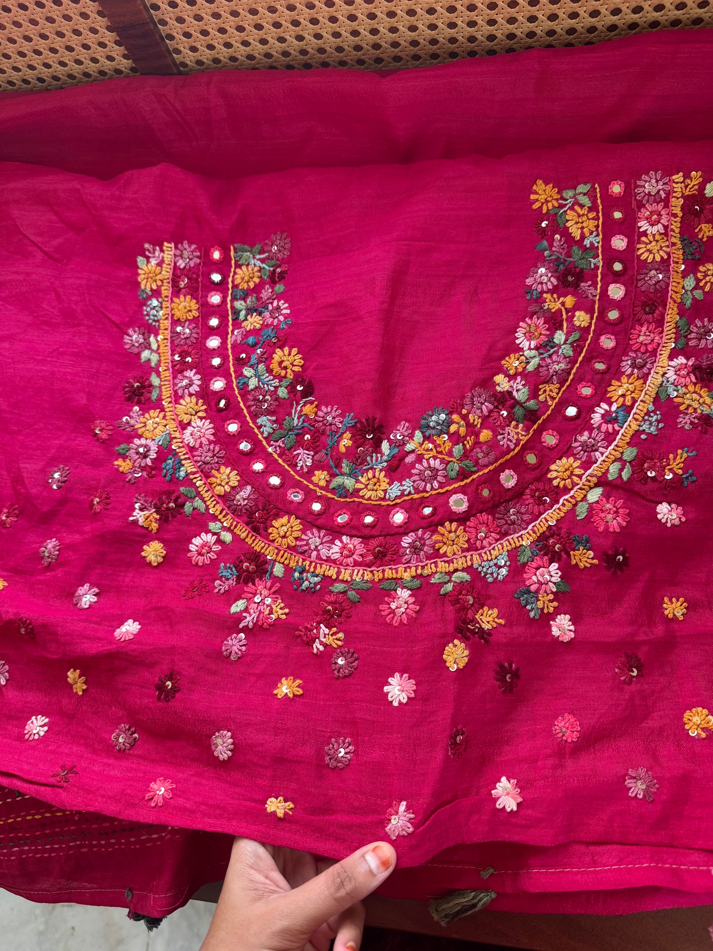 Hand Embroidered Tussar Blend Saree with heavy blouse - Rani Pink