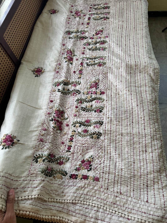 Premium Tussar Blend Saree with Handwork - Halfwhite & Pink