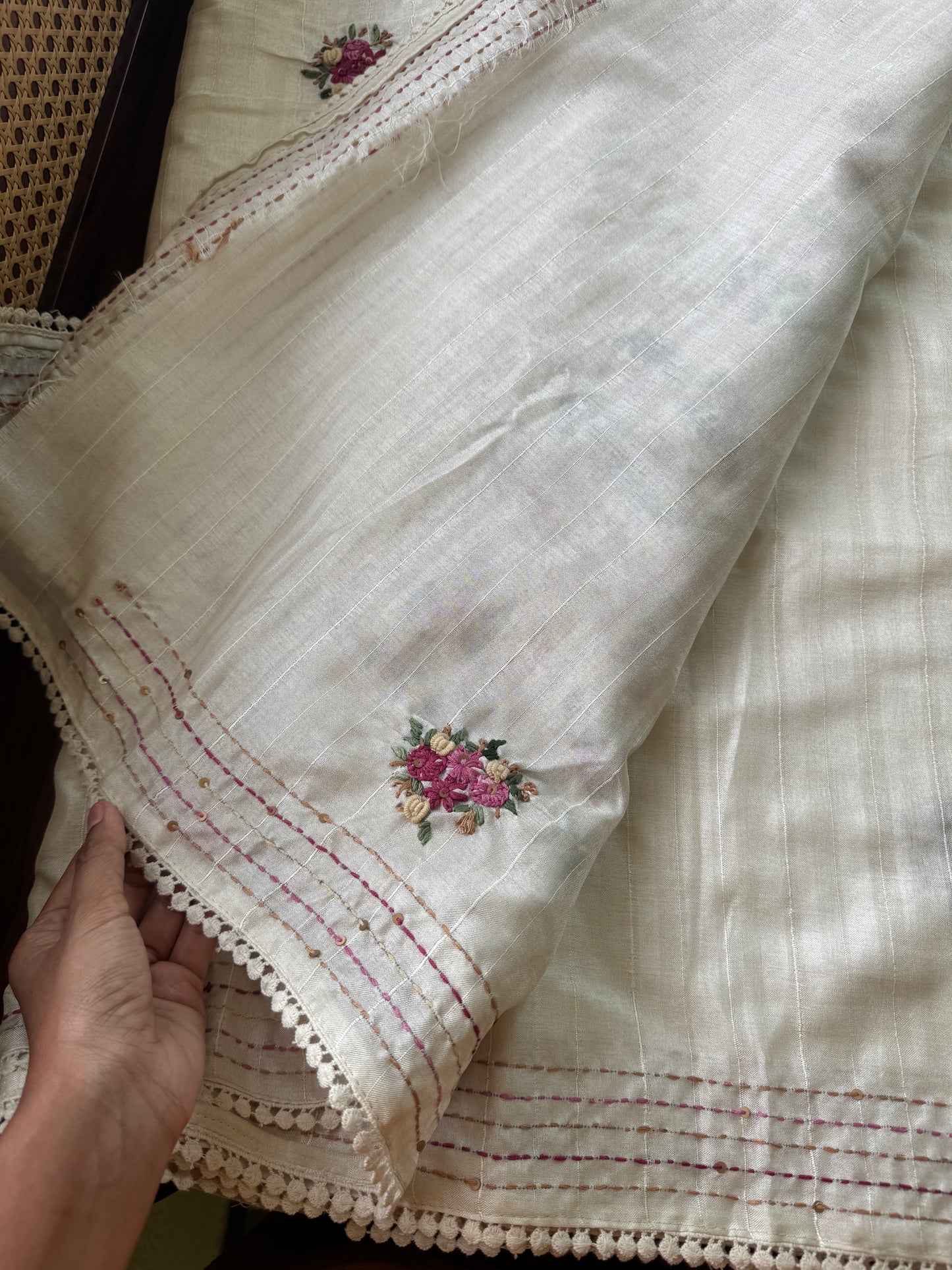 Premium Tussar Blend Saree with Handwork - Halfwhite & Pink