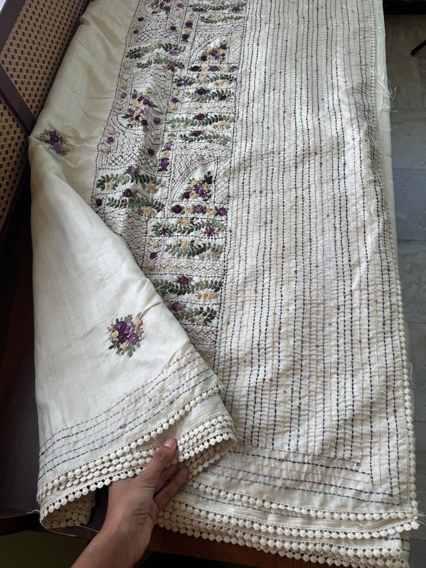 Premium Tussar Blend Saree with Handwork - Halfwhite & Violet