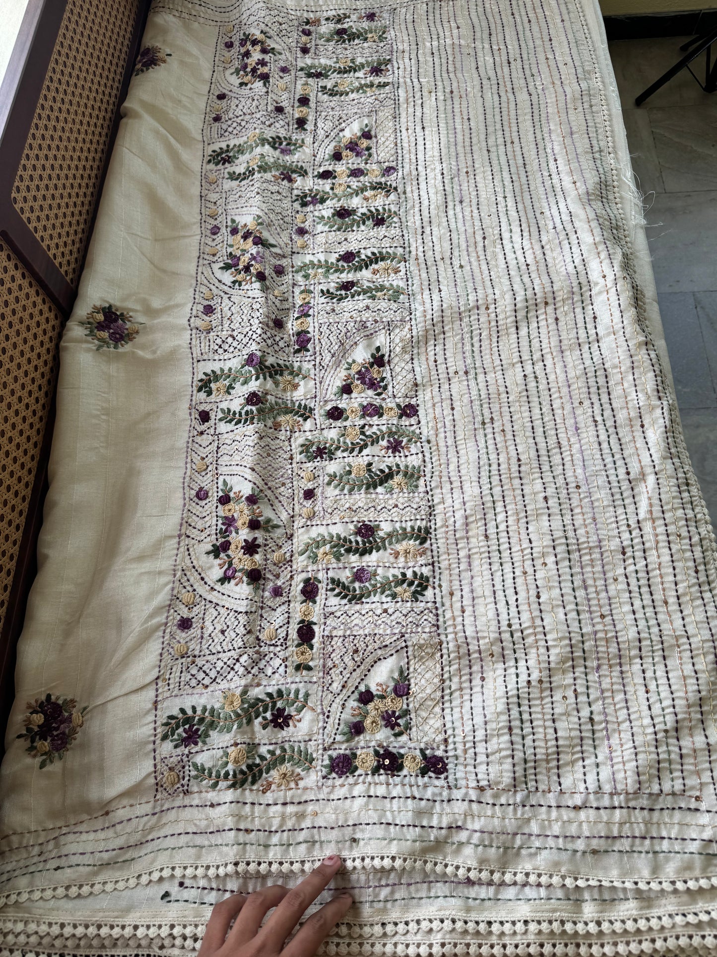 Premium Tussar Blend Saree with Handwork - Halfwhite & Violet