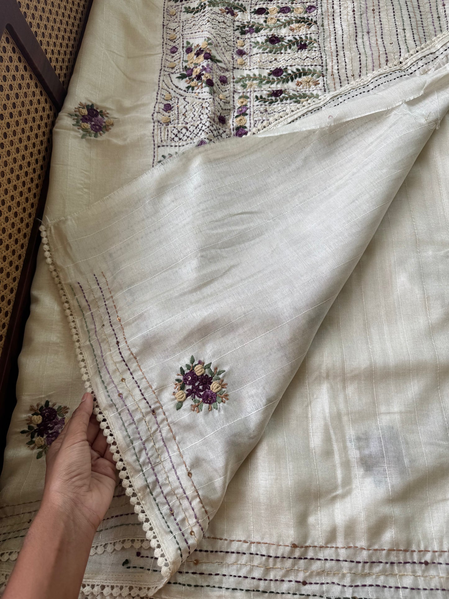 Premium Tussar Blend Saree with Handwork - Halfwhite & Violet