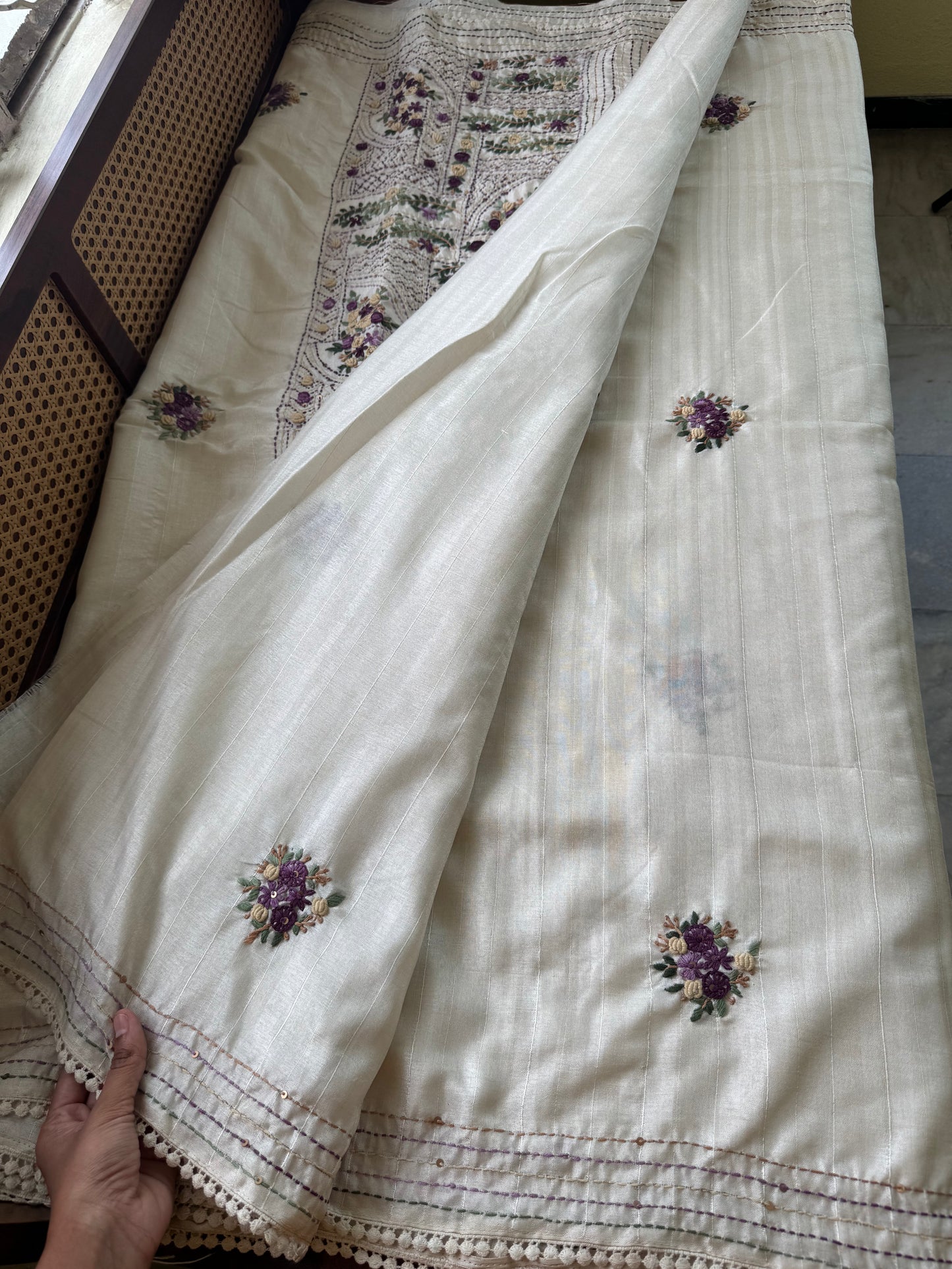 Premium Tussar Blend Saree with Handwork - Halfwhite & Violet