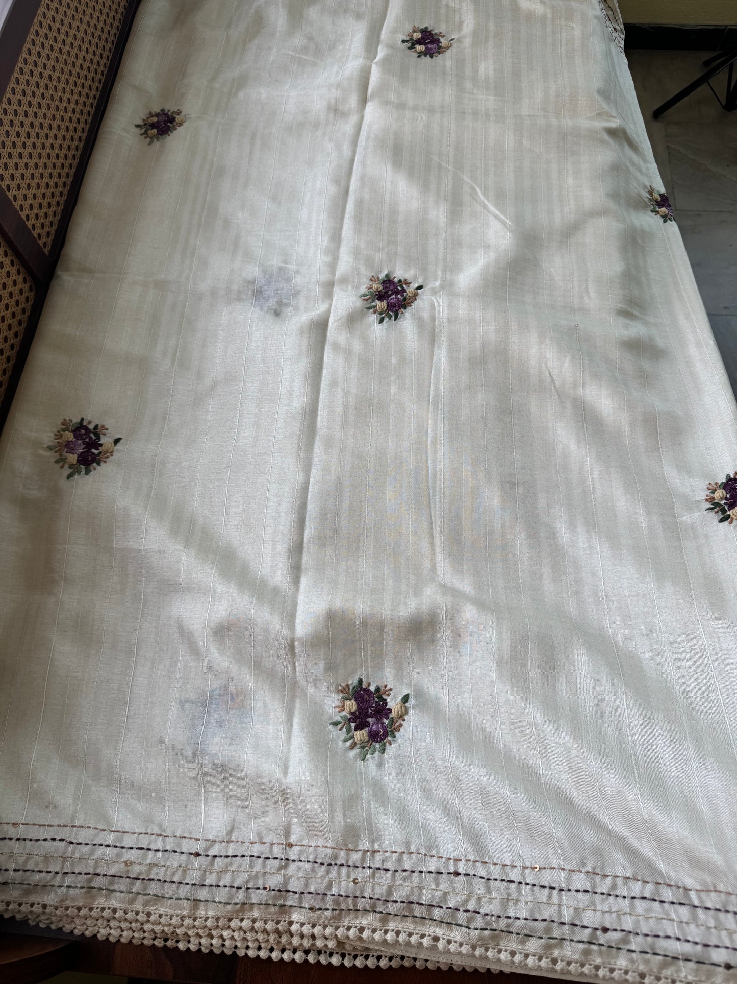 Premium Tussar Blend Saree with Handwork - Halfwhite & Violet
