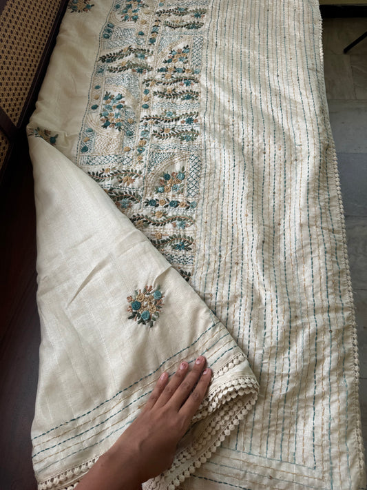 Premium Tussar Blend Saree with Handwork - Halfwhite & Blue