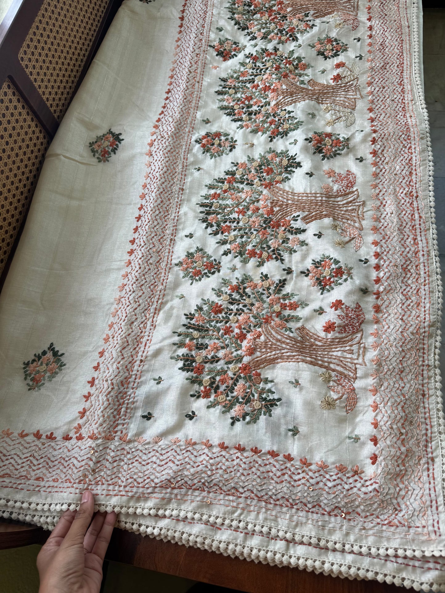 Premium Tussar Blend Saree with Handwork - Halfwhite & Orange