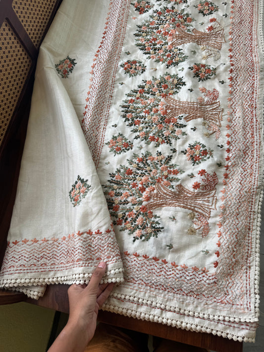 Premium Tussar Blend Saree with Handwork - Halfwhite & Orange