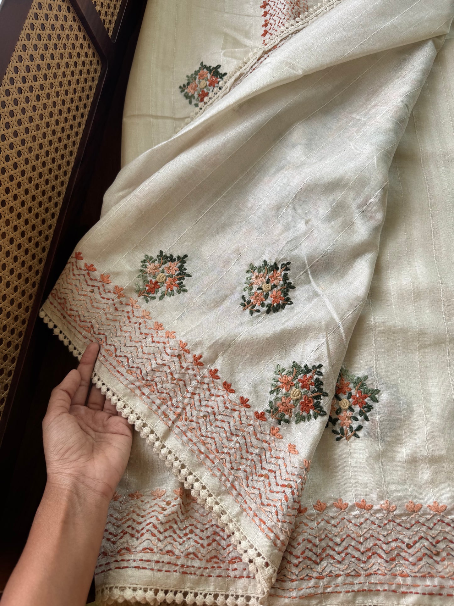 Premium Tussar Blend Saree with Handwork - Halfwhite & Orange