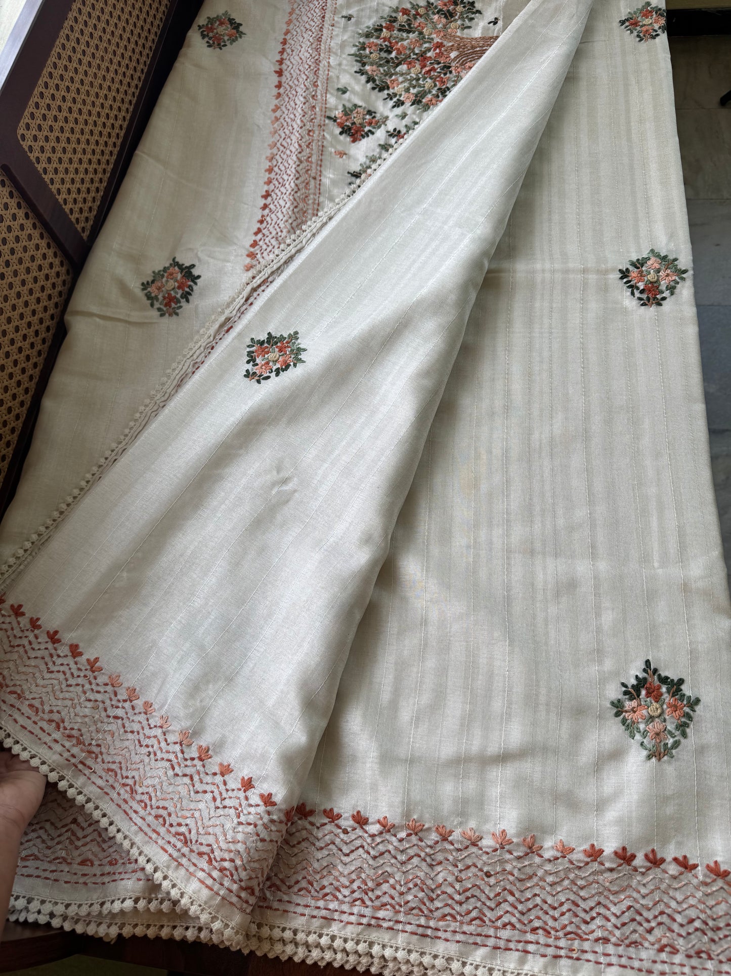 Premium Tussar Blend Saree with Handwork - Halfwhite & Orange