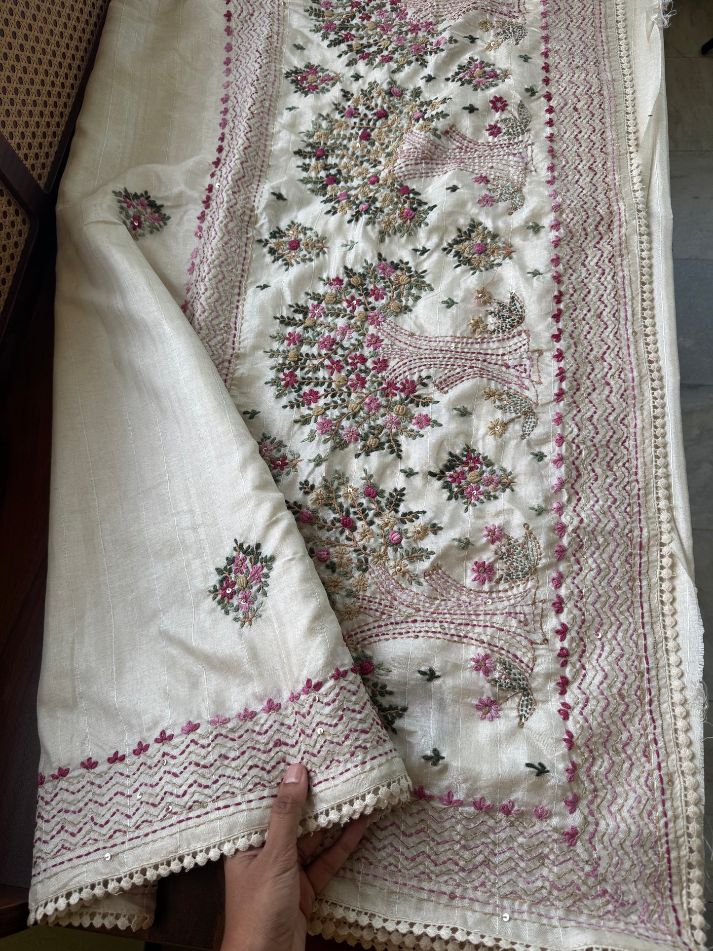Premium Tussar Blend Saree with Handwork - Halfwhite & Pink