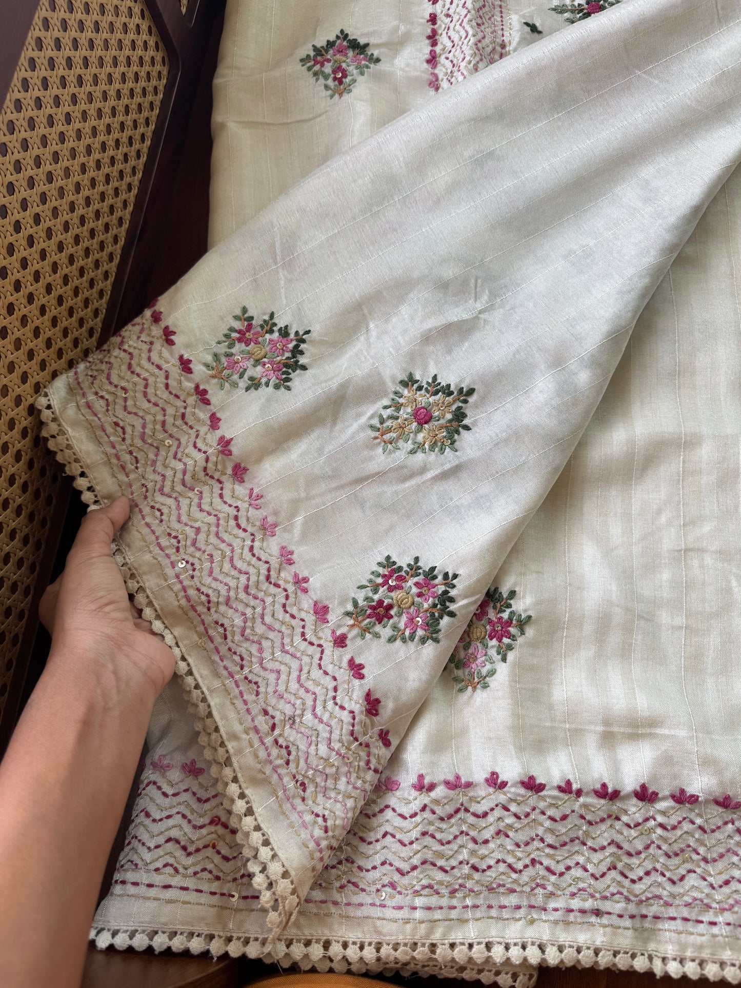 Premium Tussar Blend Saree with Handwork - Halfwhite & Pink