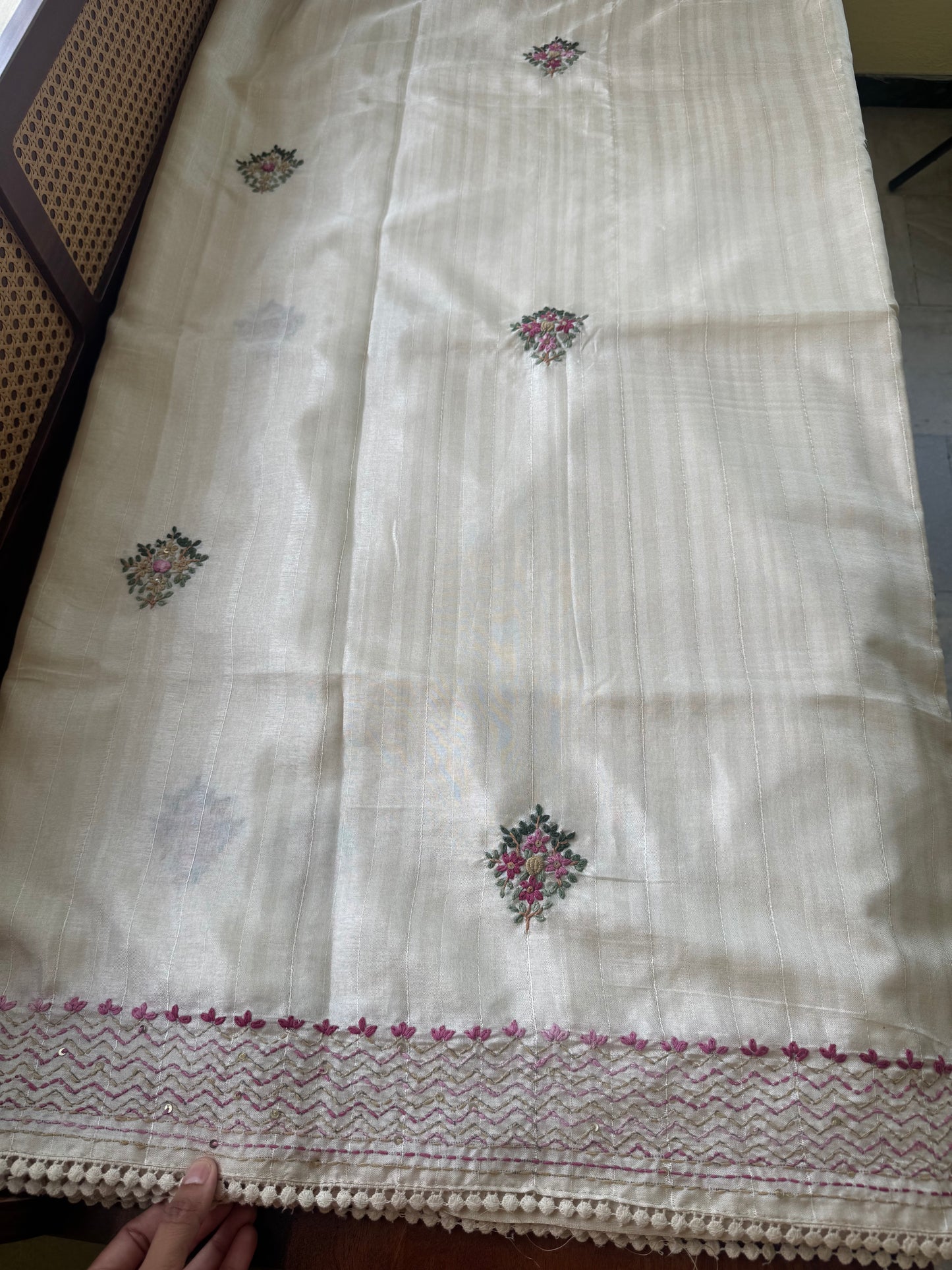 Premium Tussar Blend Saree with Handwork - Halfwhite & Pink