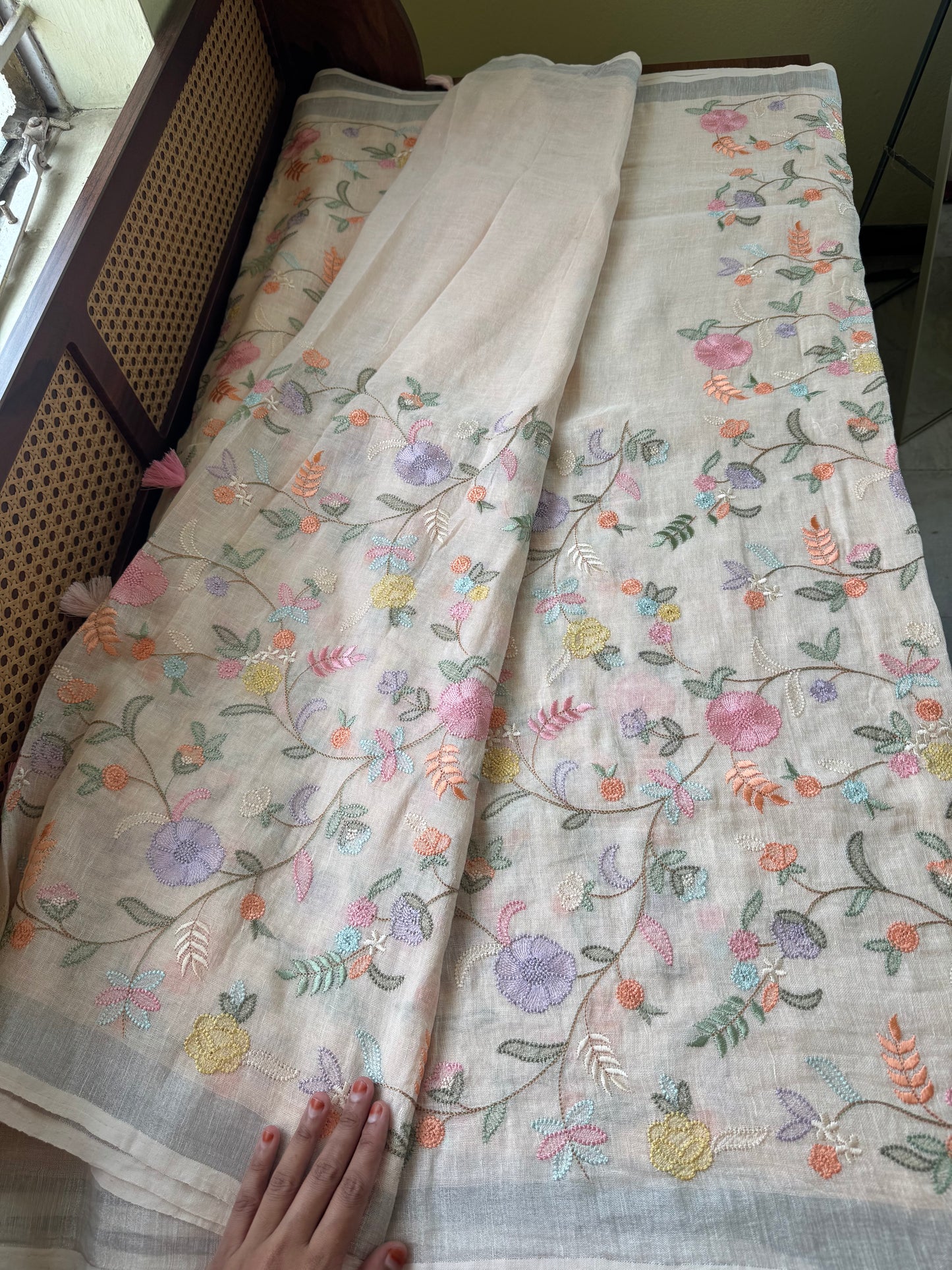 Embroidered Pure Linen Sarees - Pastel Muskmelon