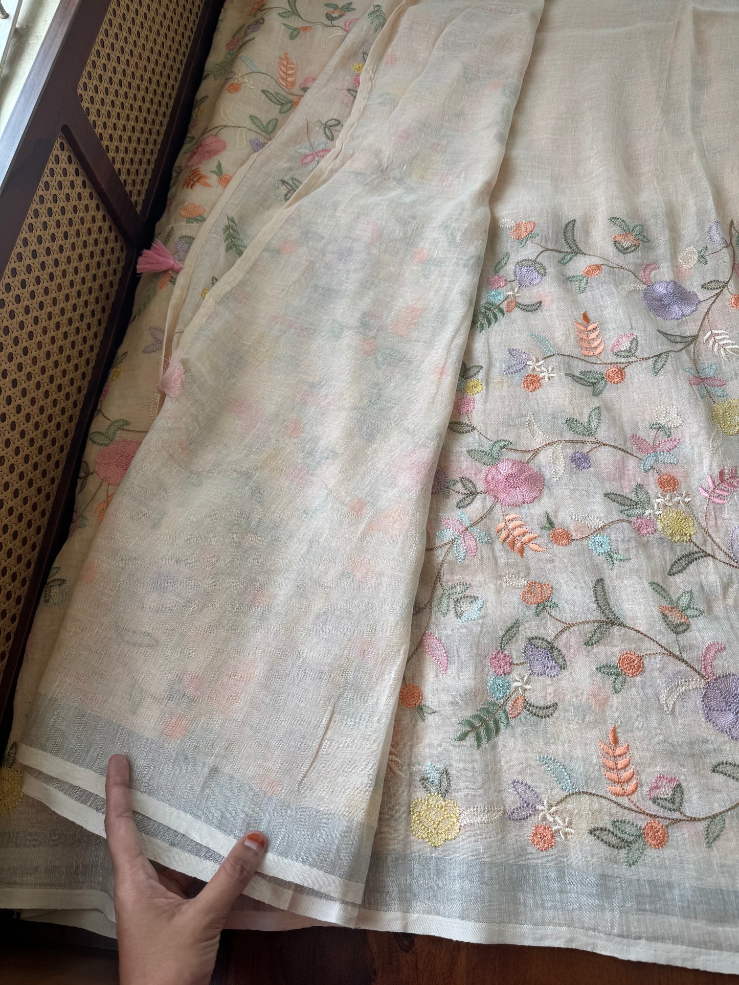 Embroidered Pure Linen Sarees - Pastel Muskmelon
