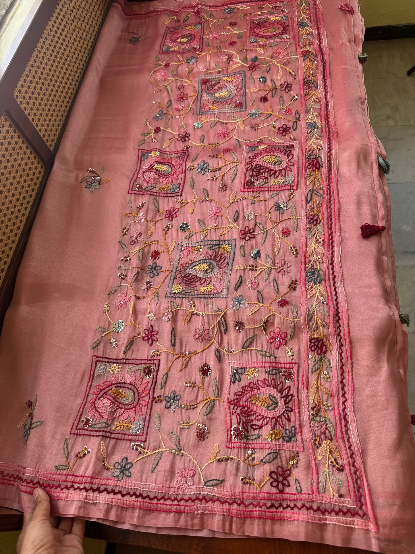 Hand Embroidered Tissue Organza Saree - Peach