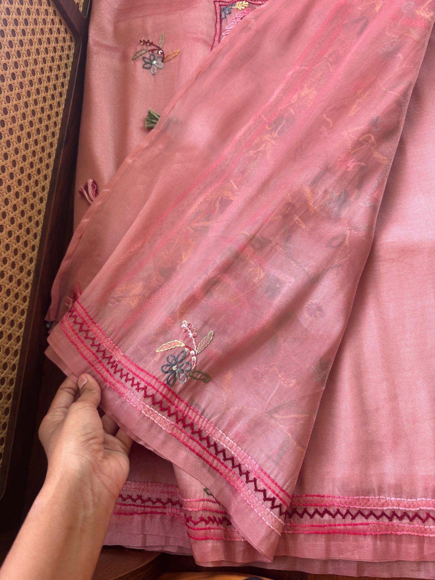 Hand Embroidered Tissue Organza Saree - Peach