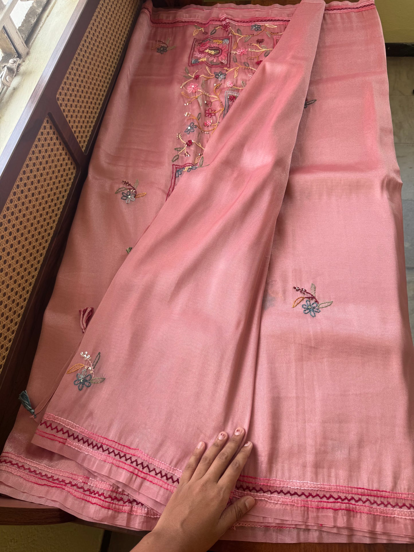 Hand Embroidered Tissue Organza Saree - Peach