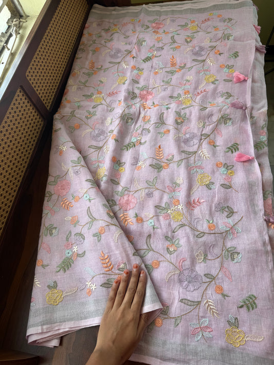 Embroidered Pure Linen Sarees - Pastel Lilac