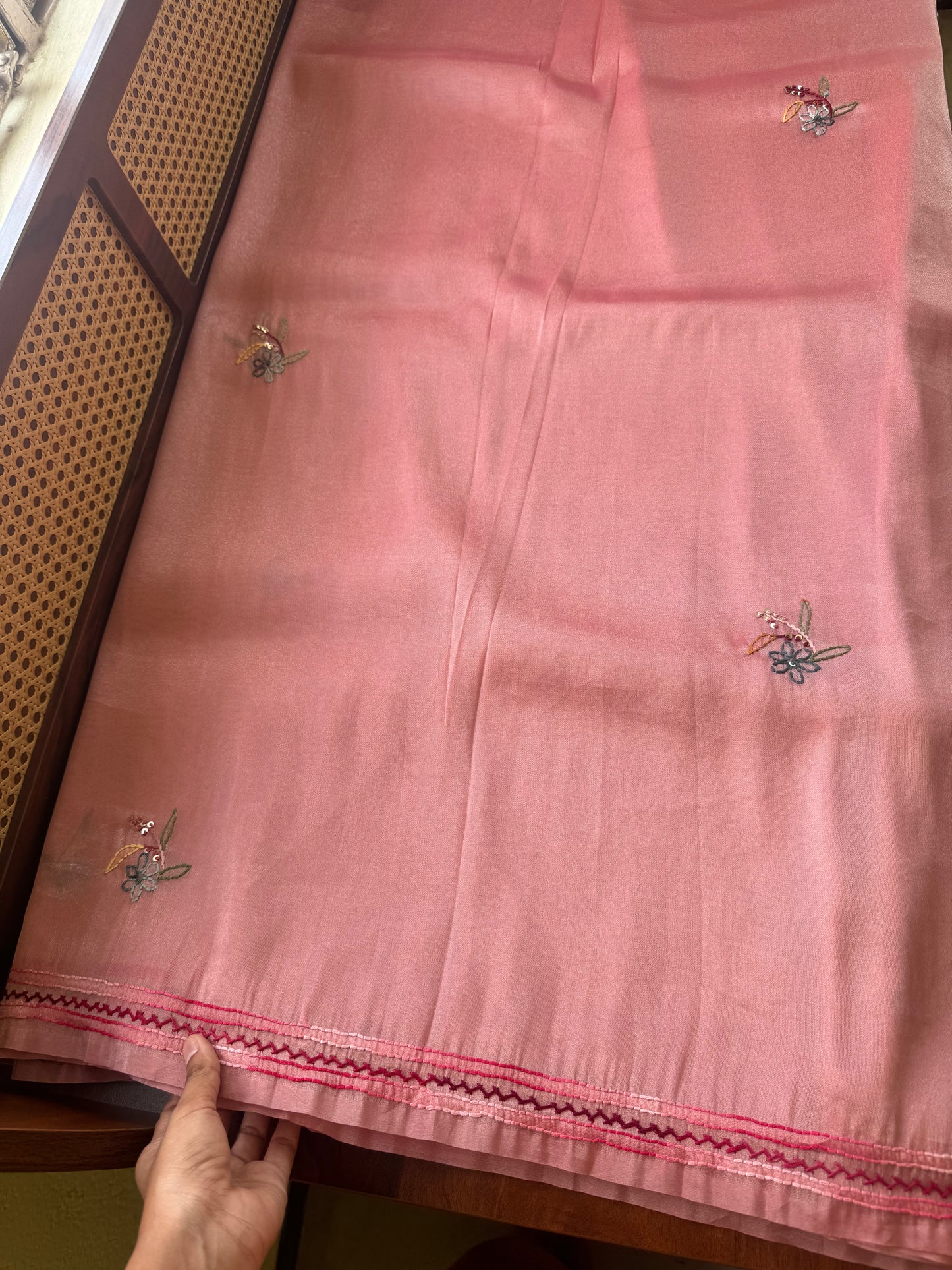 Hand Embroidered Tissue Organza Saree - Peach