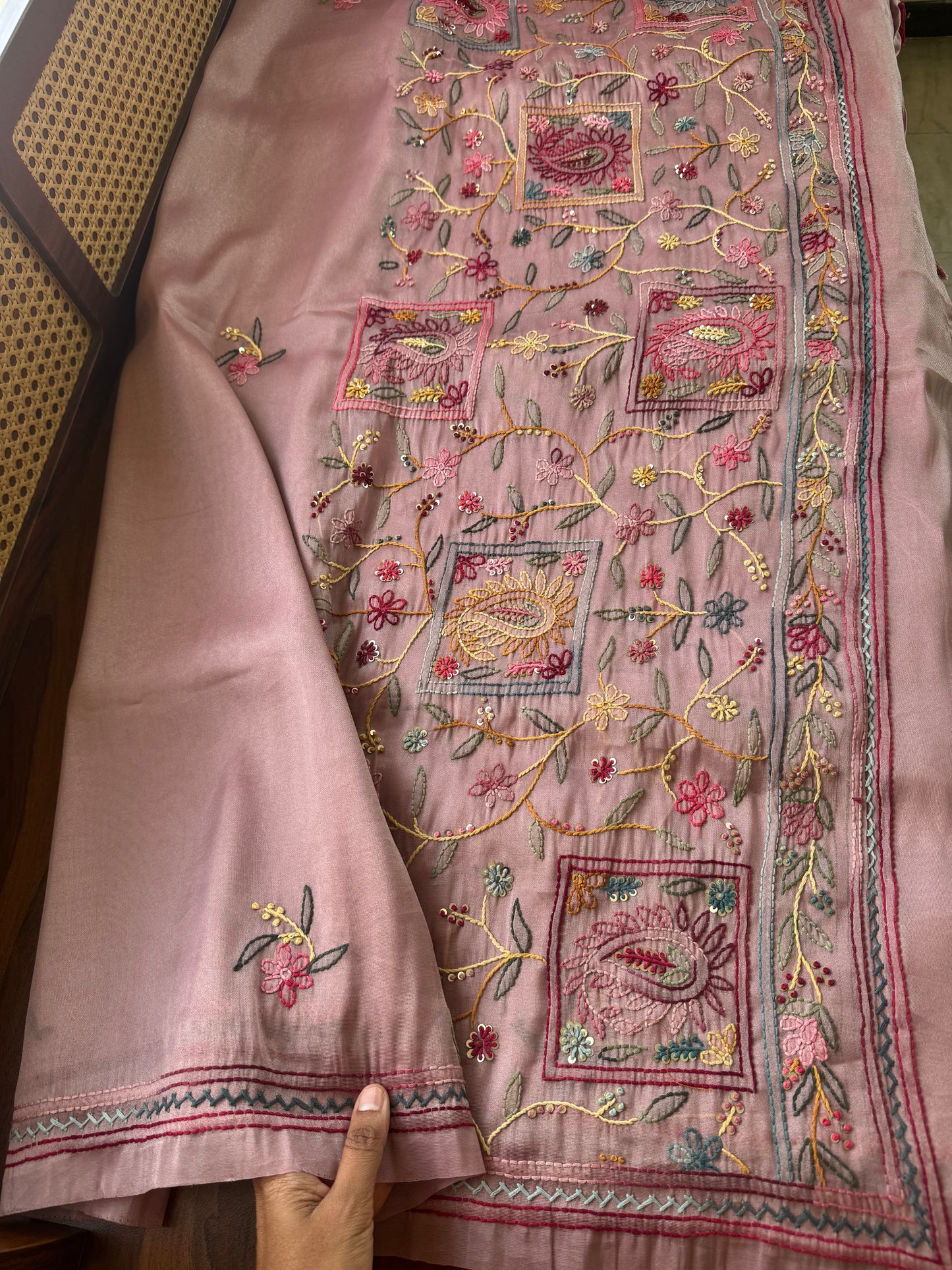 Hand Embroidered Tissue Organza Saree - Pink