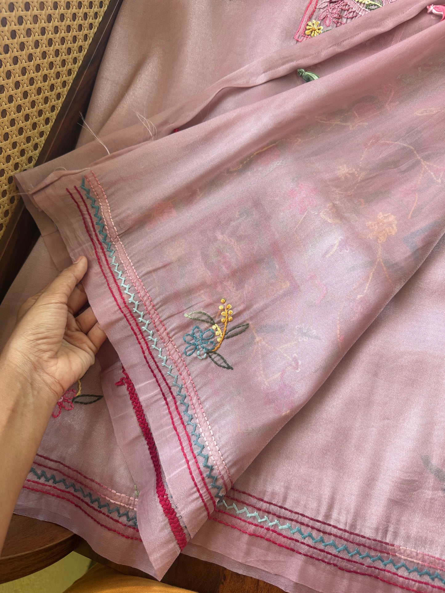 Hand Embroidered Tissue Organza Saree - Pink