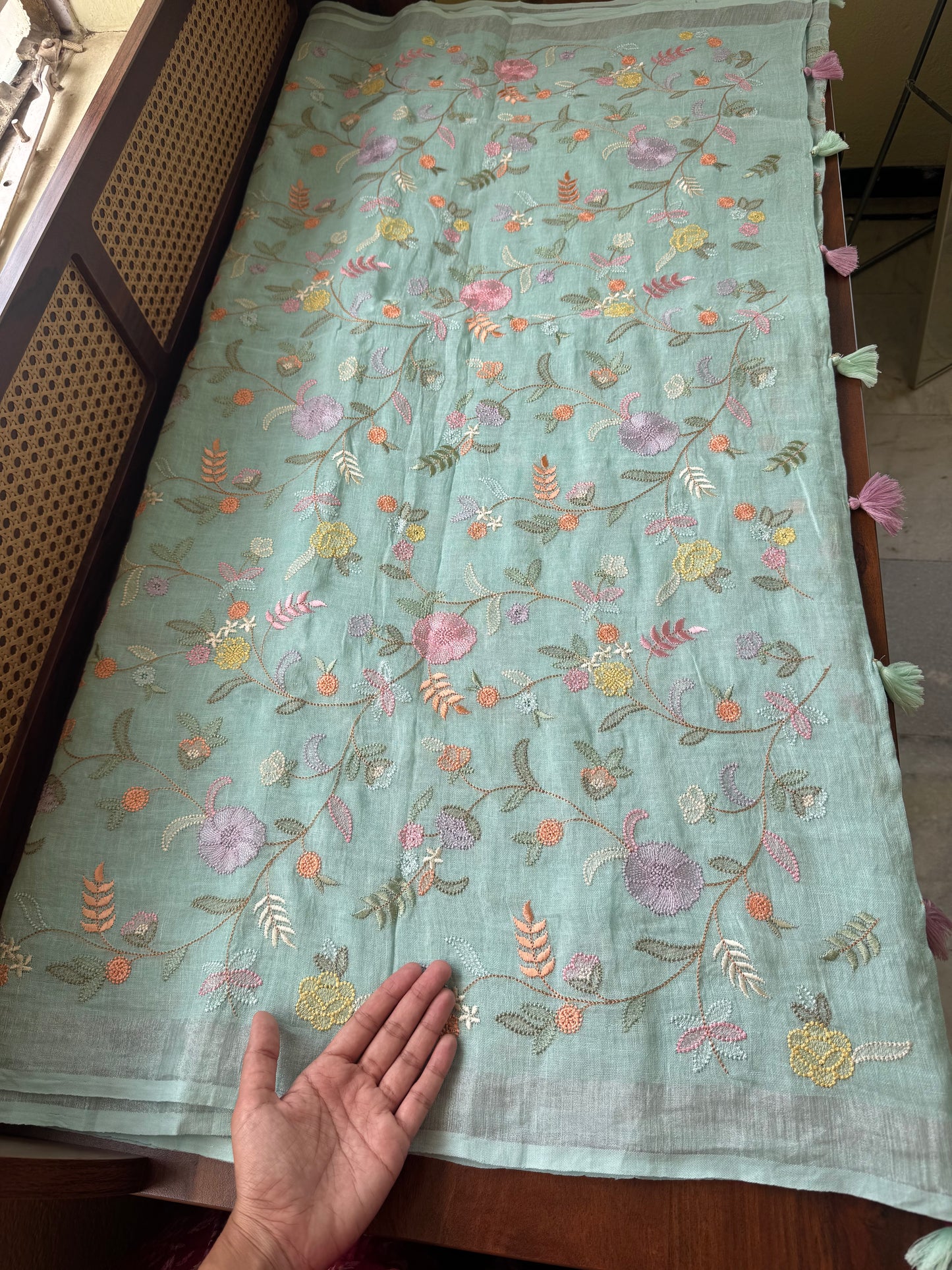 Embroidered Pure Linen Sarees - Sea Green