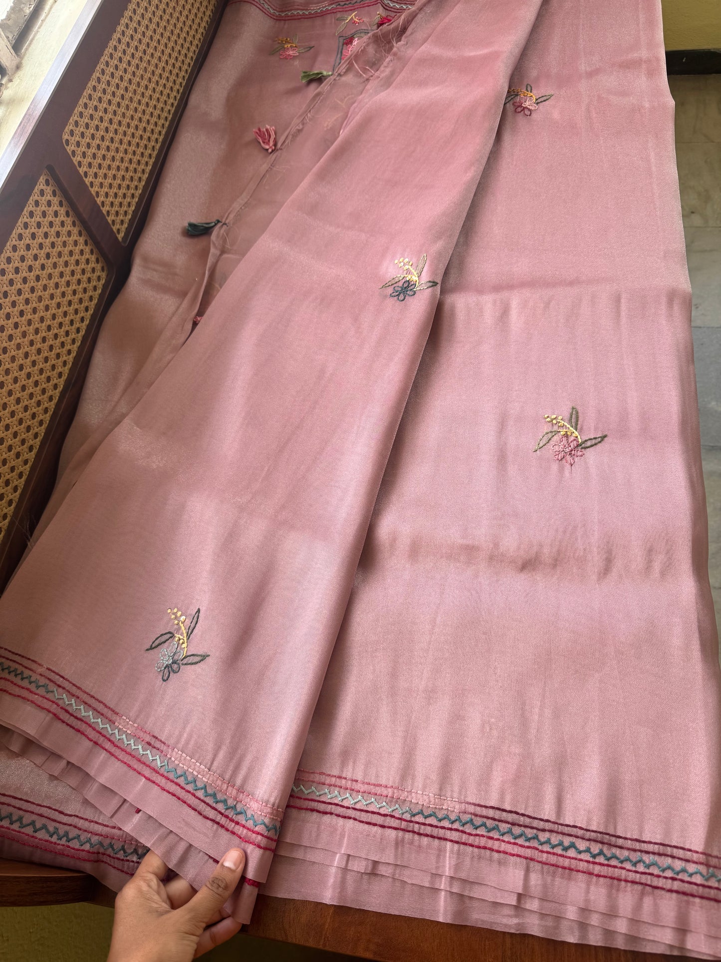 Hand Embroidered Tissue Organza Saree - Pink