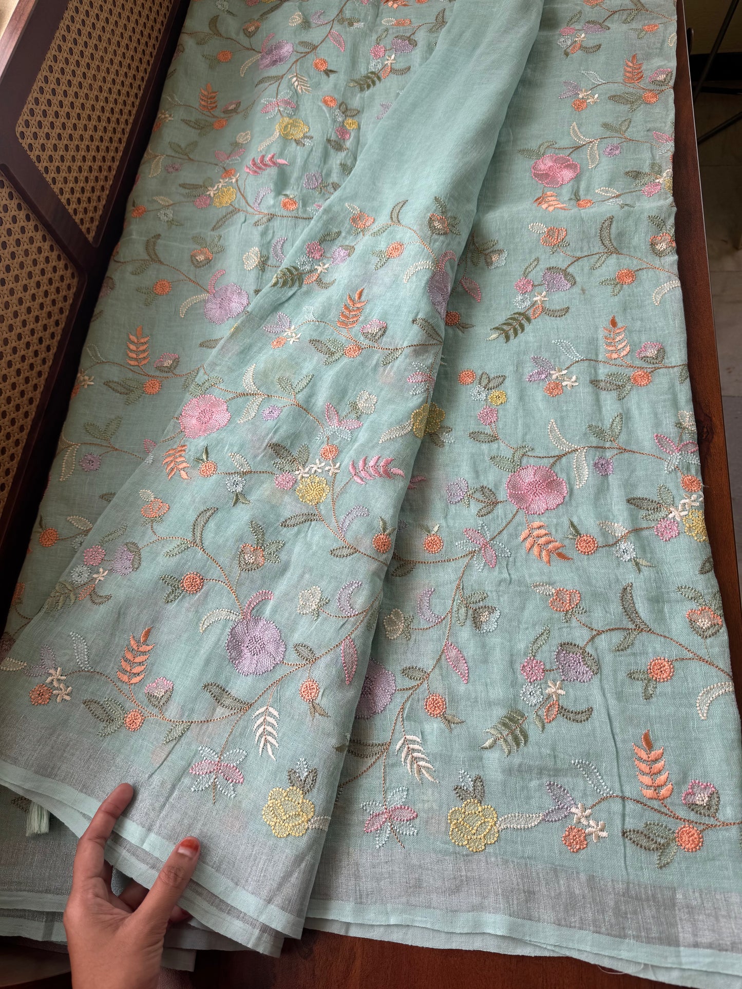 Embroidered Pure Linen Sarees - Sea Green