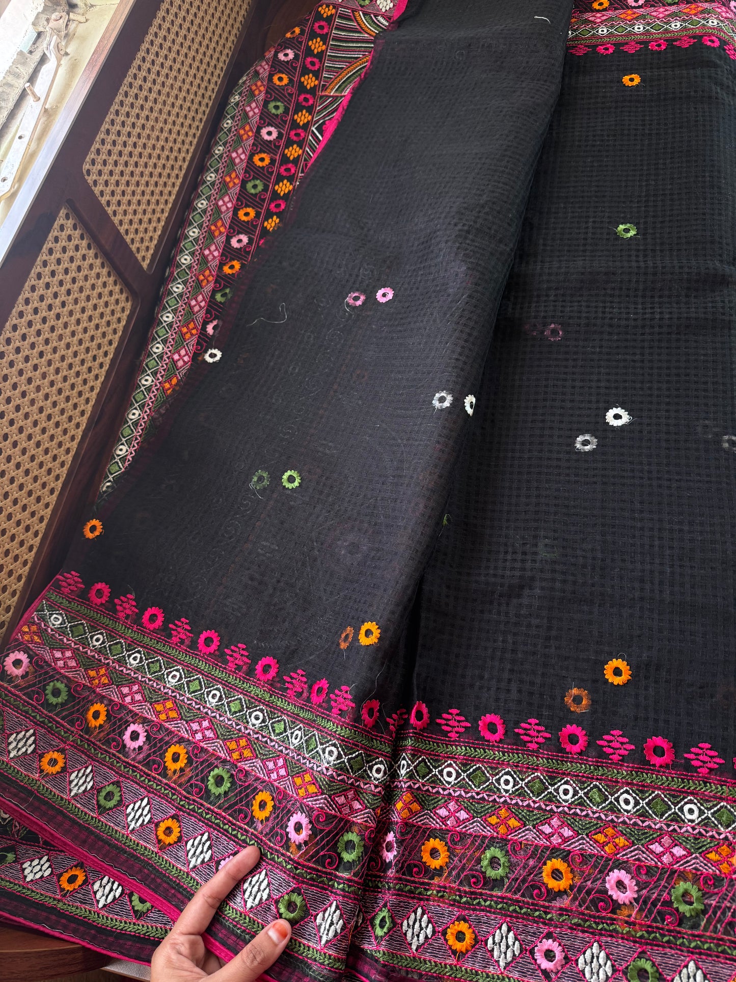 Embroidered Resham Silk Kota Saree - Black