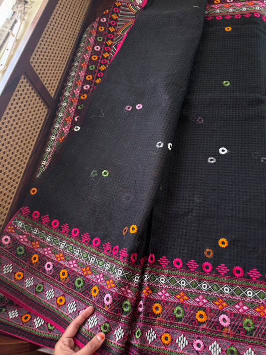 Embroidered Resham Silk Kota Saree - Black