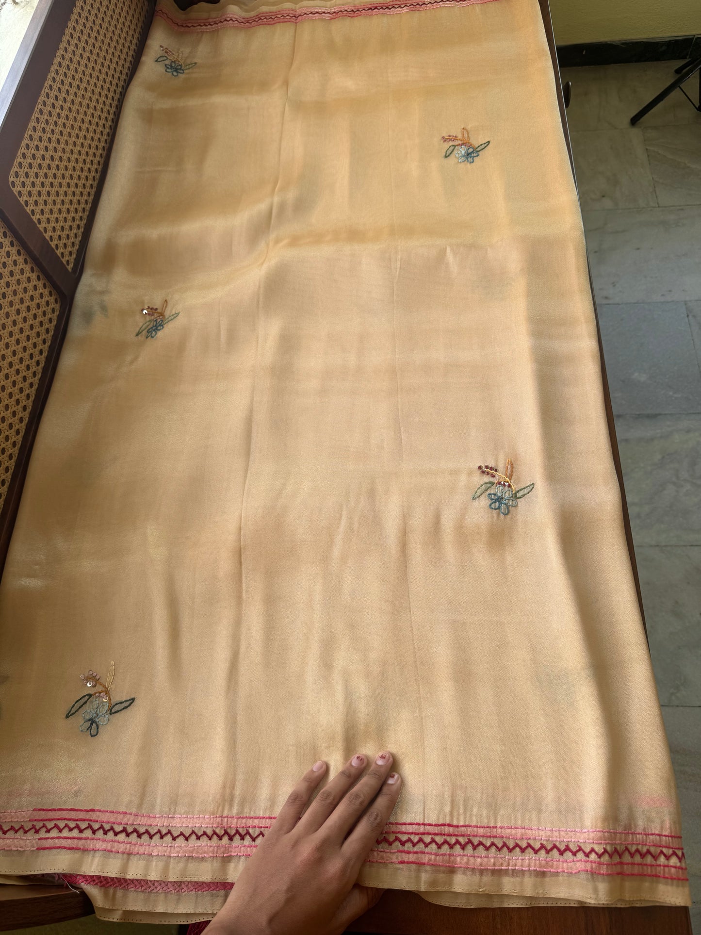 Hand Embroidered Tissue Organza Saree - Pastel Yellow