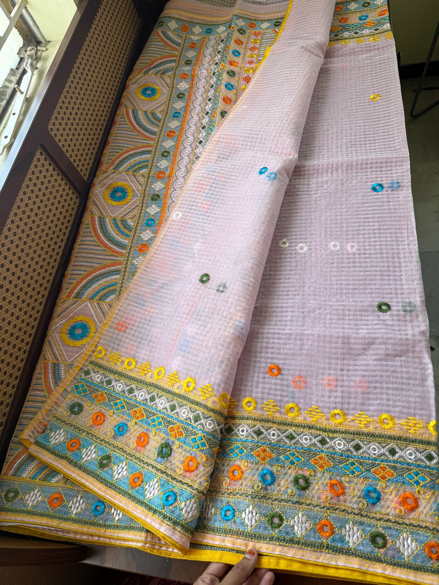 Embroidered Resham Silk Kota Saree - Baby Pink