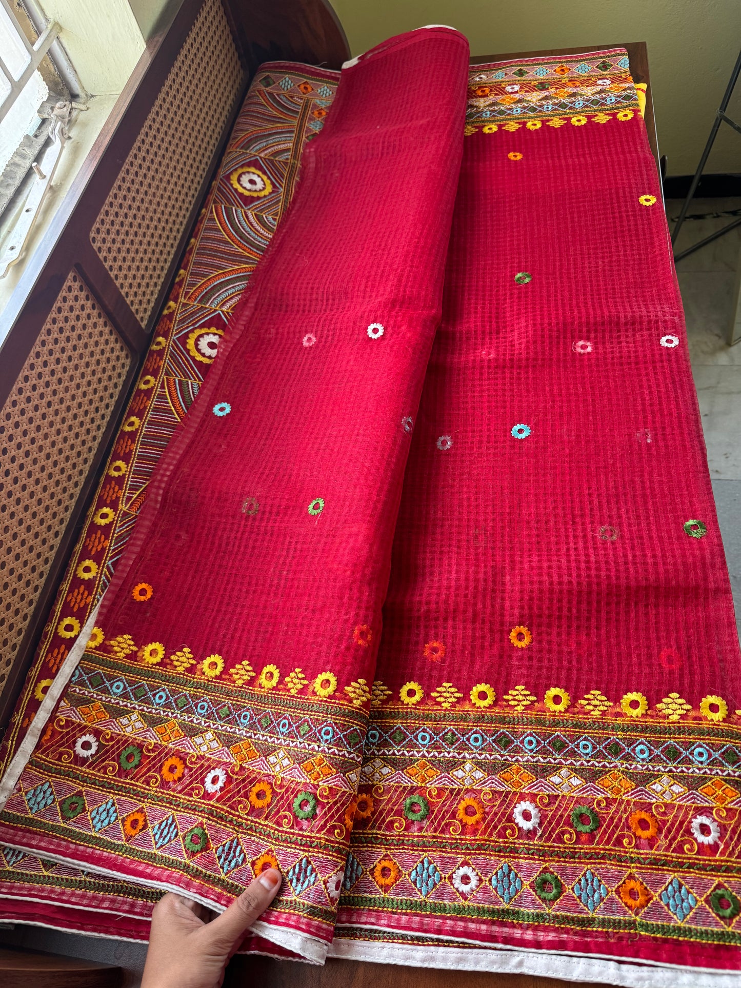 Embroidered Resham Silk Kota Saree - Red