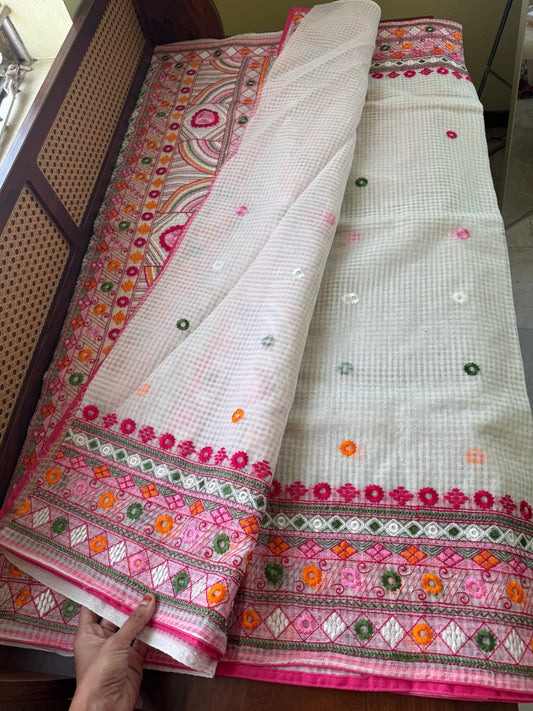 Embroidered Resham Silk Kota Saree - White