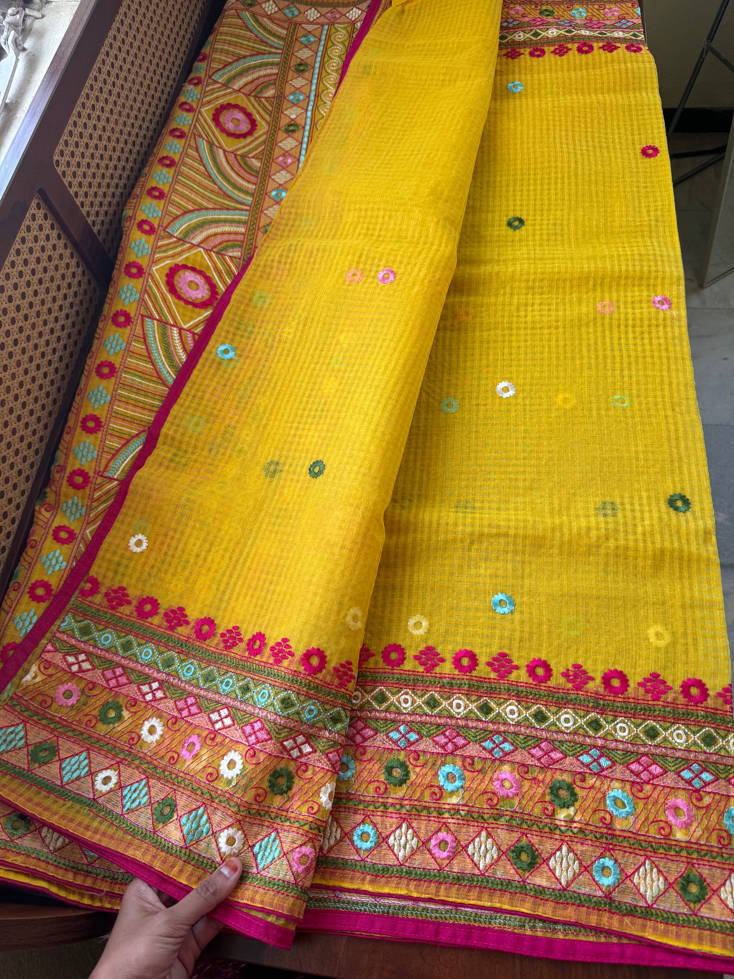 Embroidered Resham Silk Kota Saree - Yellow