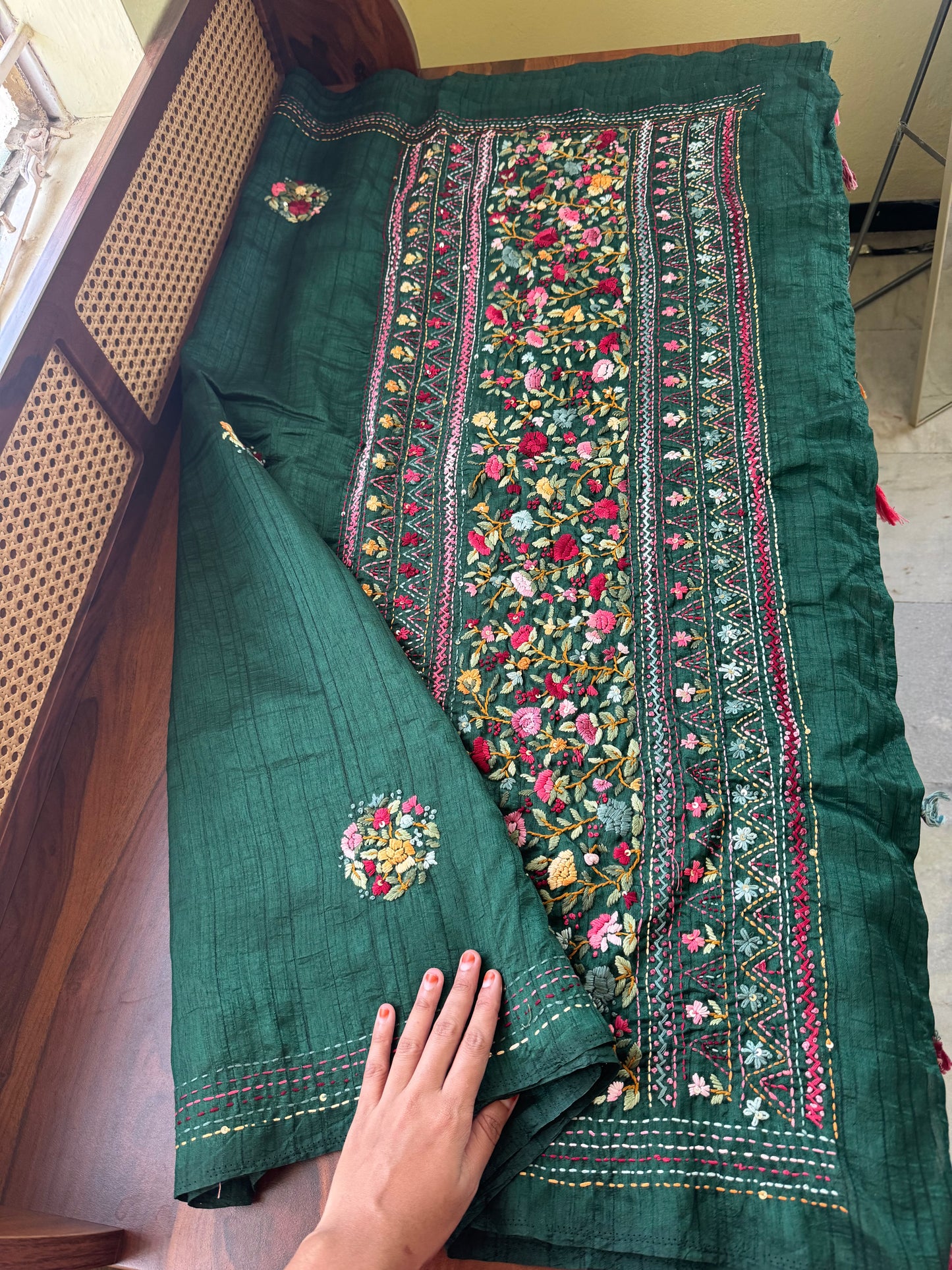 Premium Tussar Blend Saree with Handwork - Deep Green
