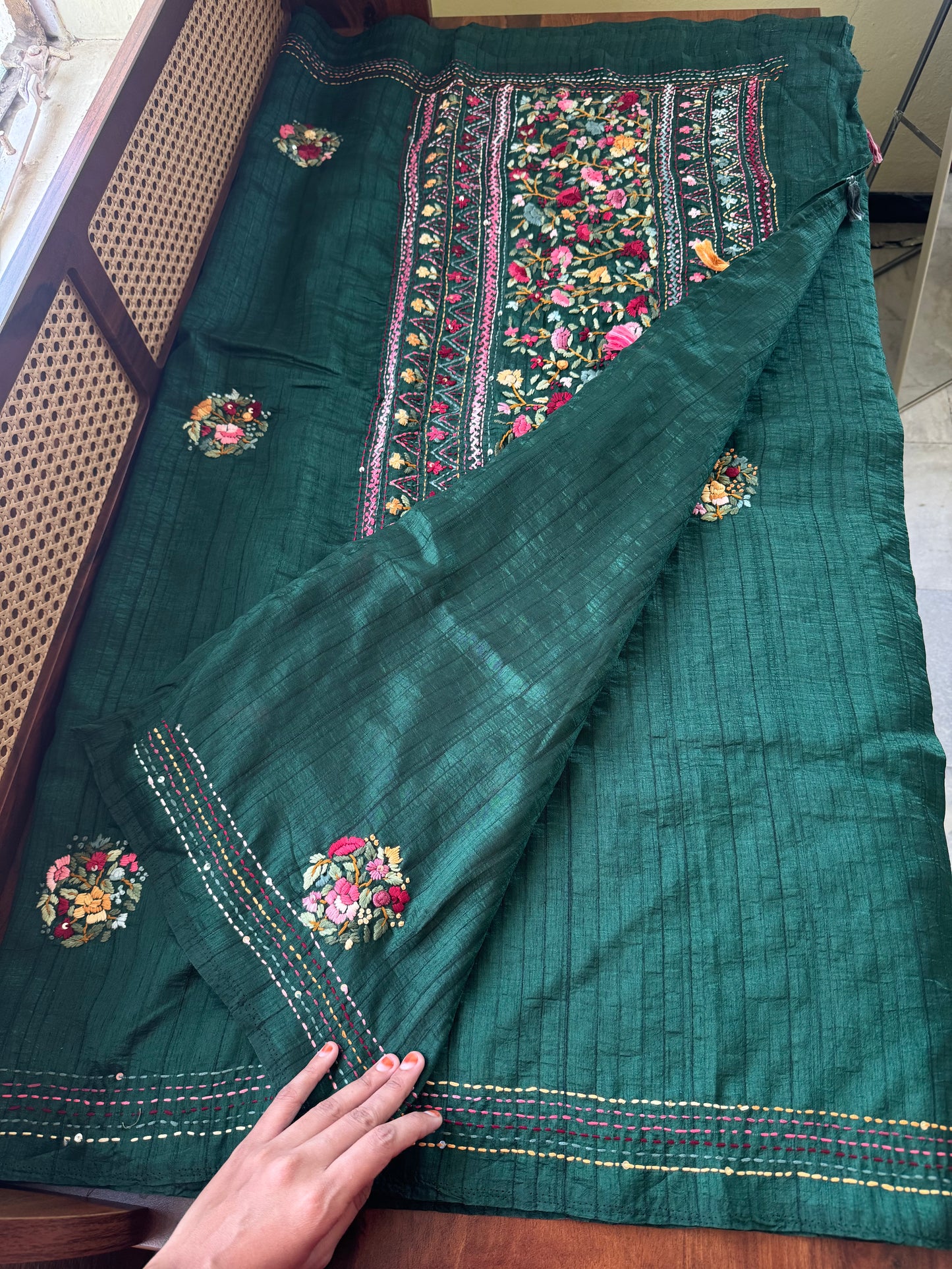 Premium Tussar Blend Saree with Handwork - Deep Green