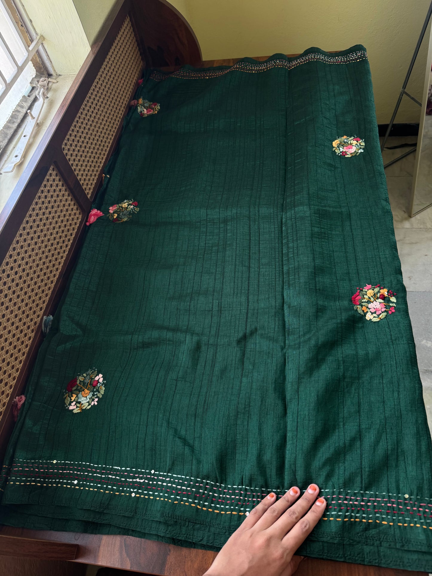 Premium Tussar Blend Saree with Handwork - Deep Green