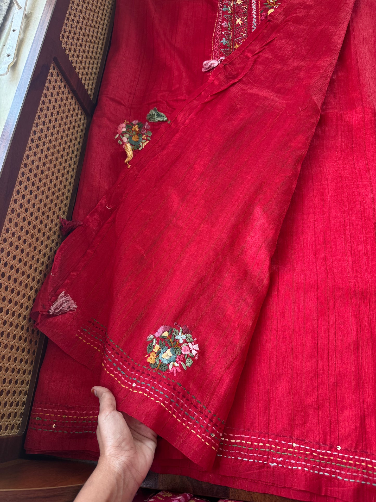 Premium Tussar Blend Saree with Handwork - Red