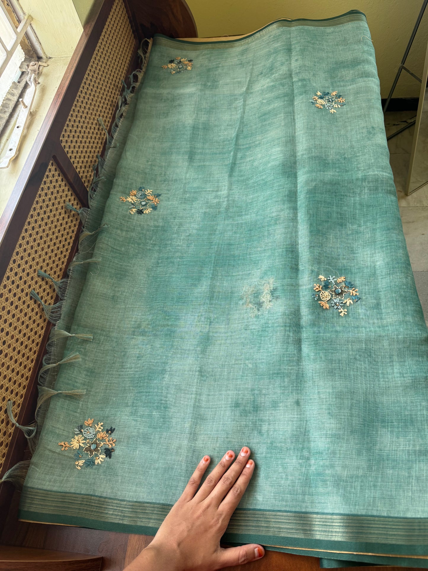 Premium Tissue Linen Sarees - Sea Blue Green