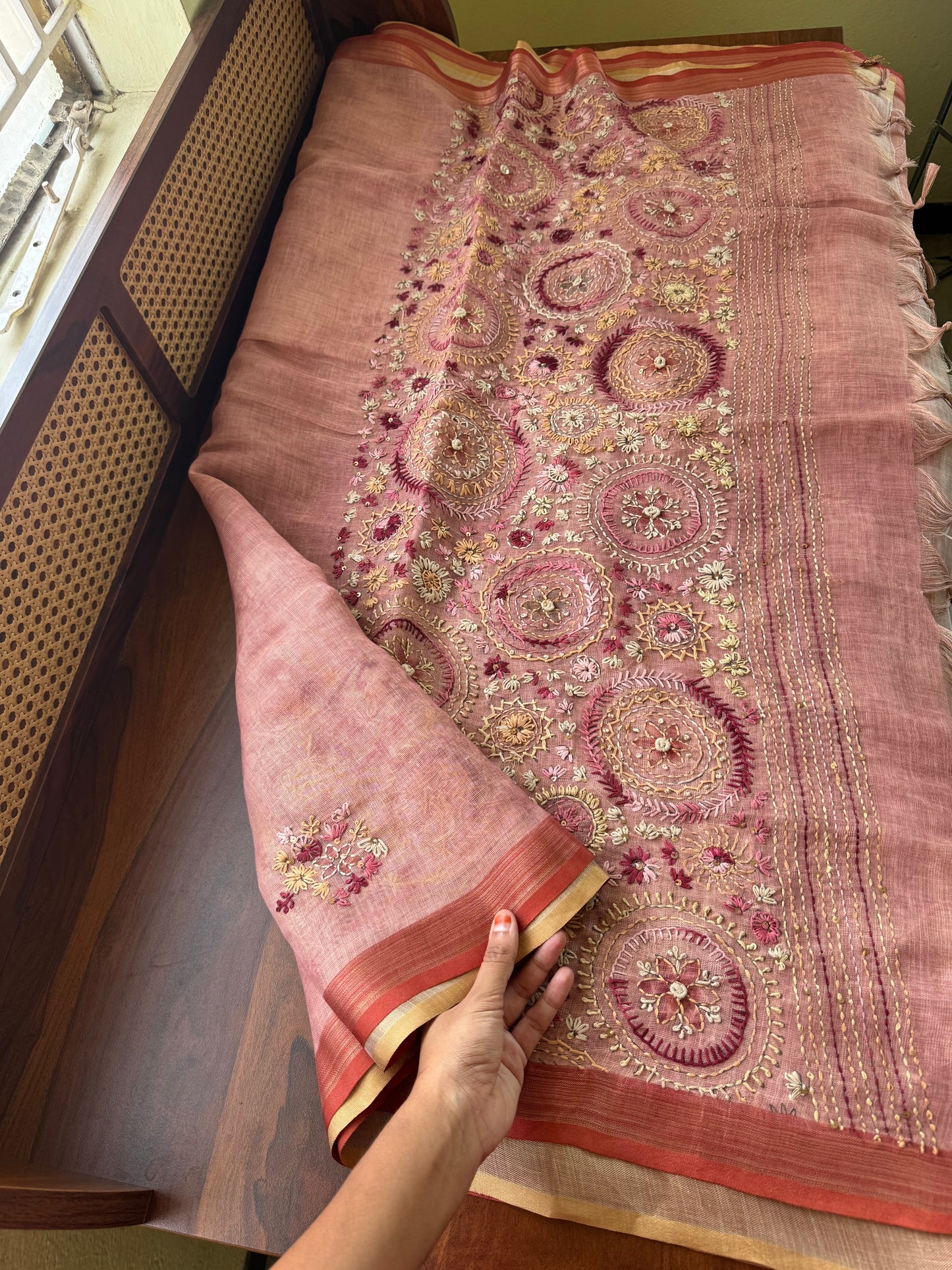Premium Tissue Linen Sarees - Peach Pink