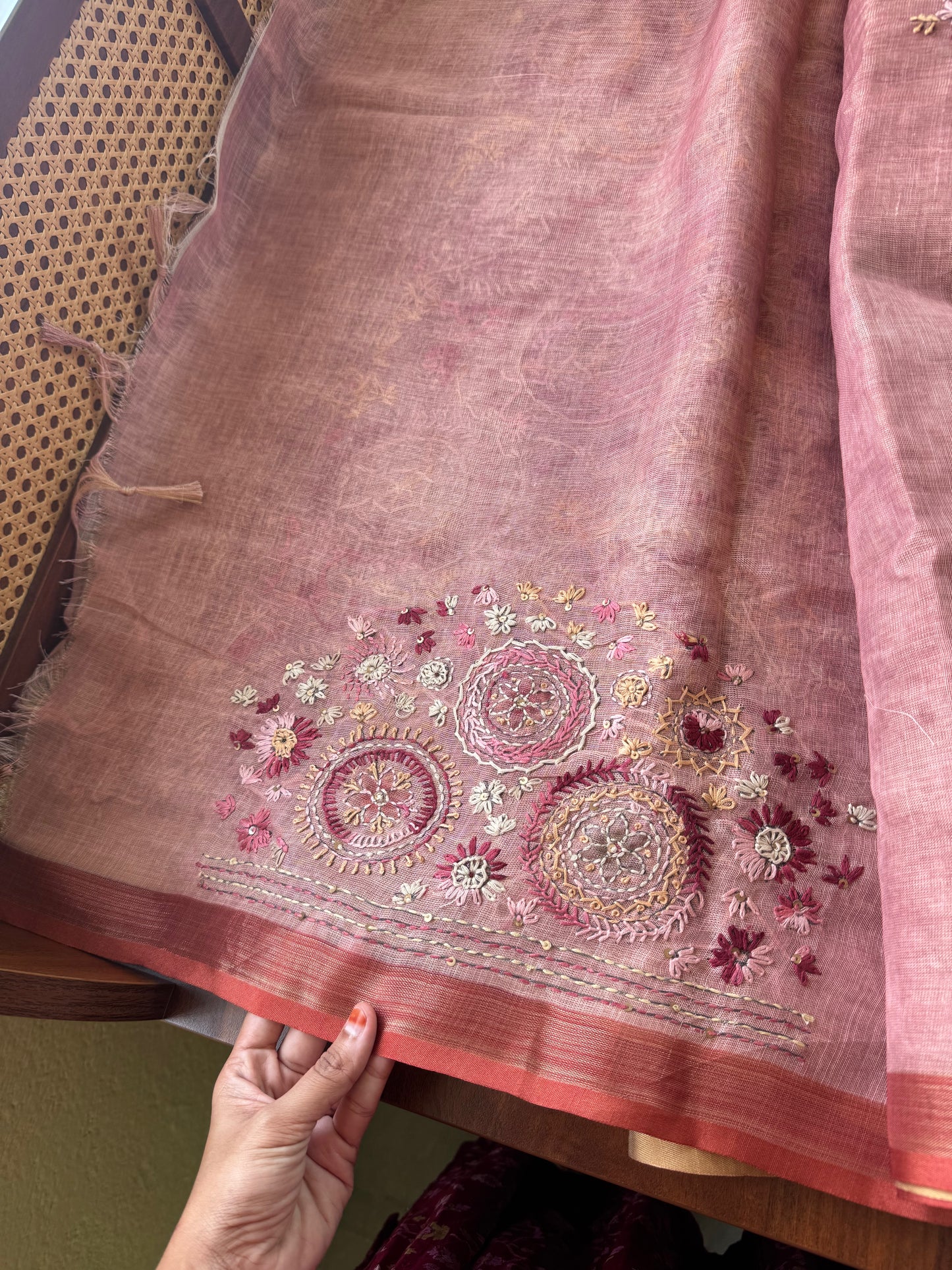Premium Tissue Linen Sarees - Peach Pink