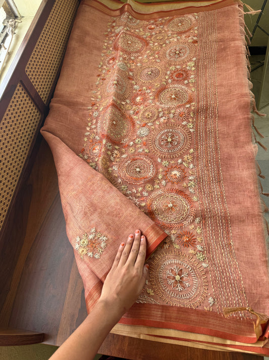 Premium Tissue Linen Sarees - Peach Orange