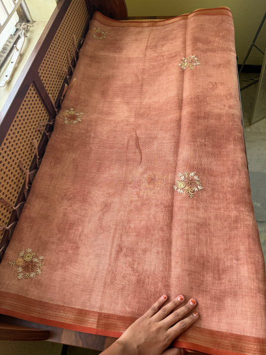Premium Tissue Linen Sarees - Peach Orange