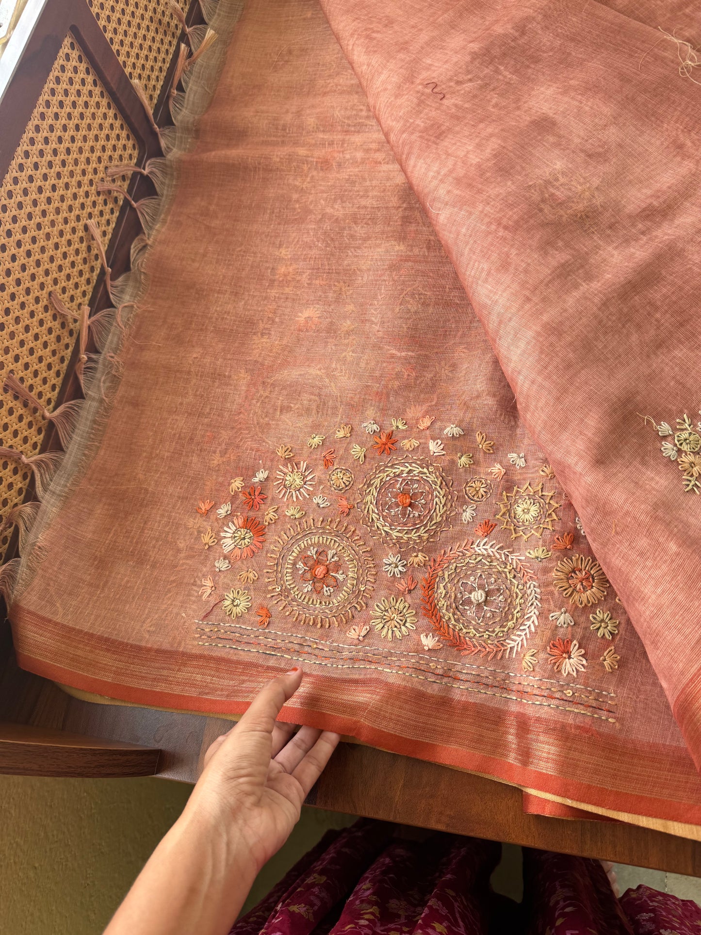 Premium Tissue Linen Sarees - Peach Orange